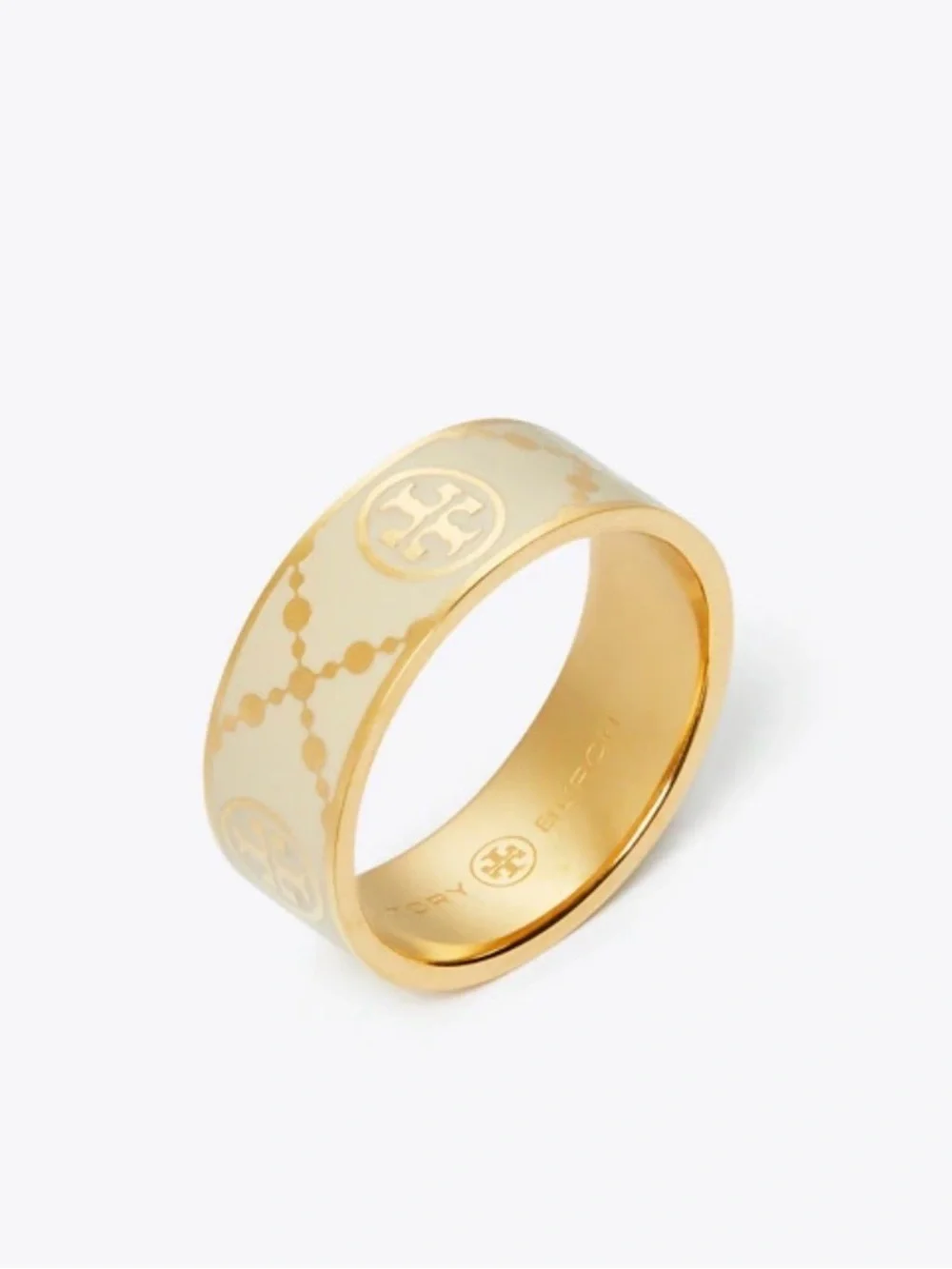 Tory Burch White and Gold Icon T Enamel Bracelet, Ring and Hoop Earring Set
